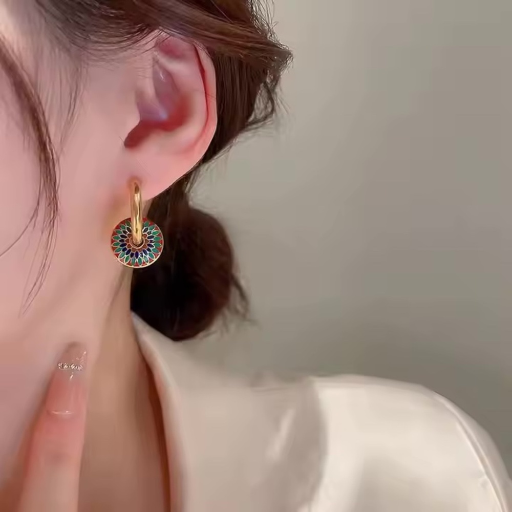 Gold Tone Enamel Mandala Necklace & Hoop Earrings Set , NEW - Picture 3 of 10